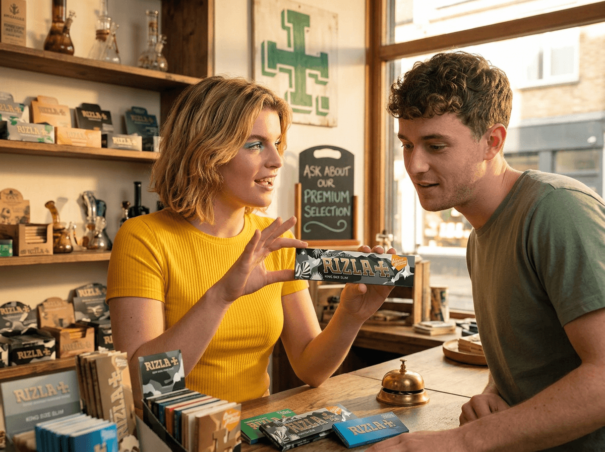 Persönliche Blättchen-Beratung im InOne Headshop Köln — Mitarbeiter zeigt Kunden RAW Rolling Papers