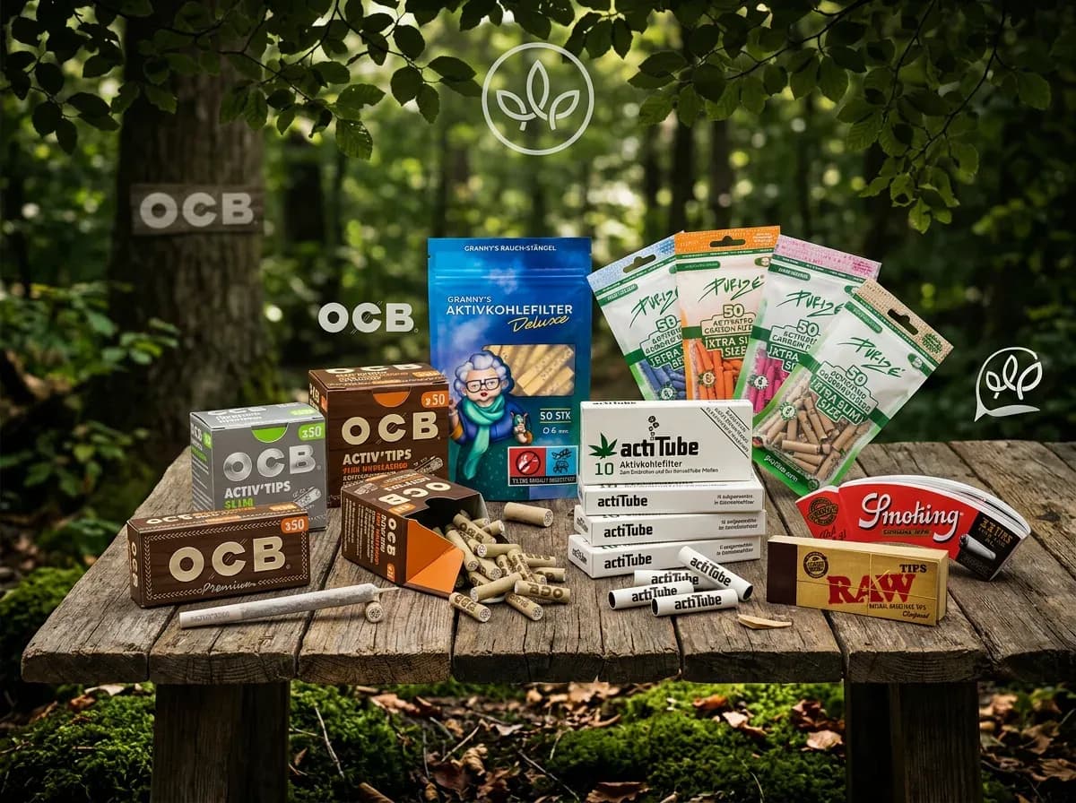 Rolling Papers Zubehör: Filtertips, Aktivkohlefilter PURIZE, RAW Tips und Rolling Tray — komplettes Dreh-Setup