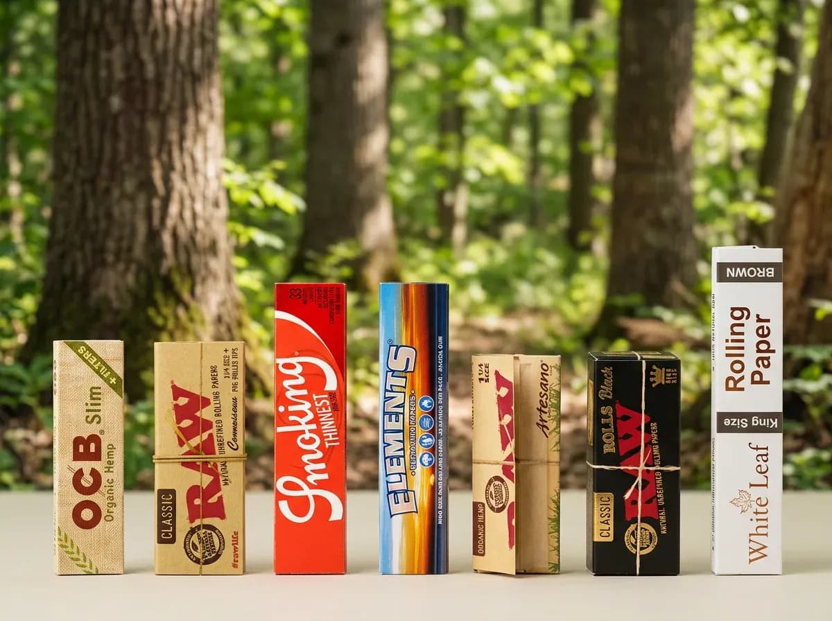 Rolling Papers Größen-Vergleich: Single Wide, 1 1/4, King Size Slim und Rolls nebeneinander mit Größenmaßstab