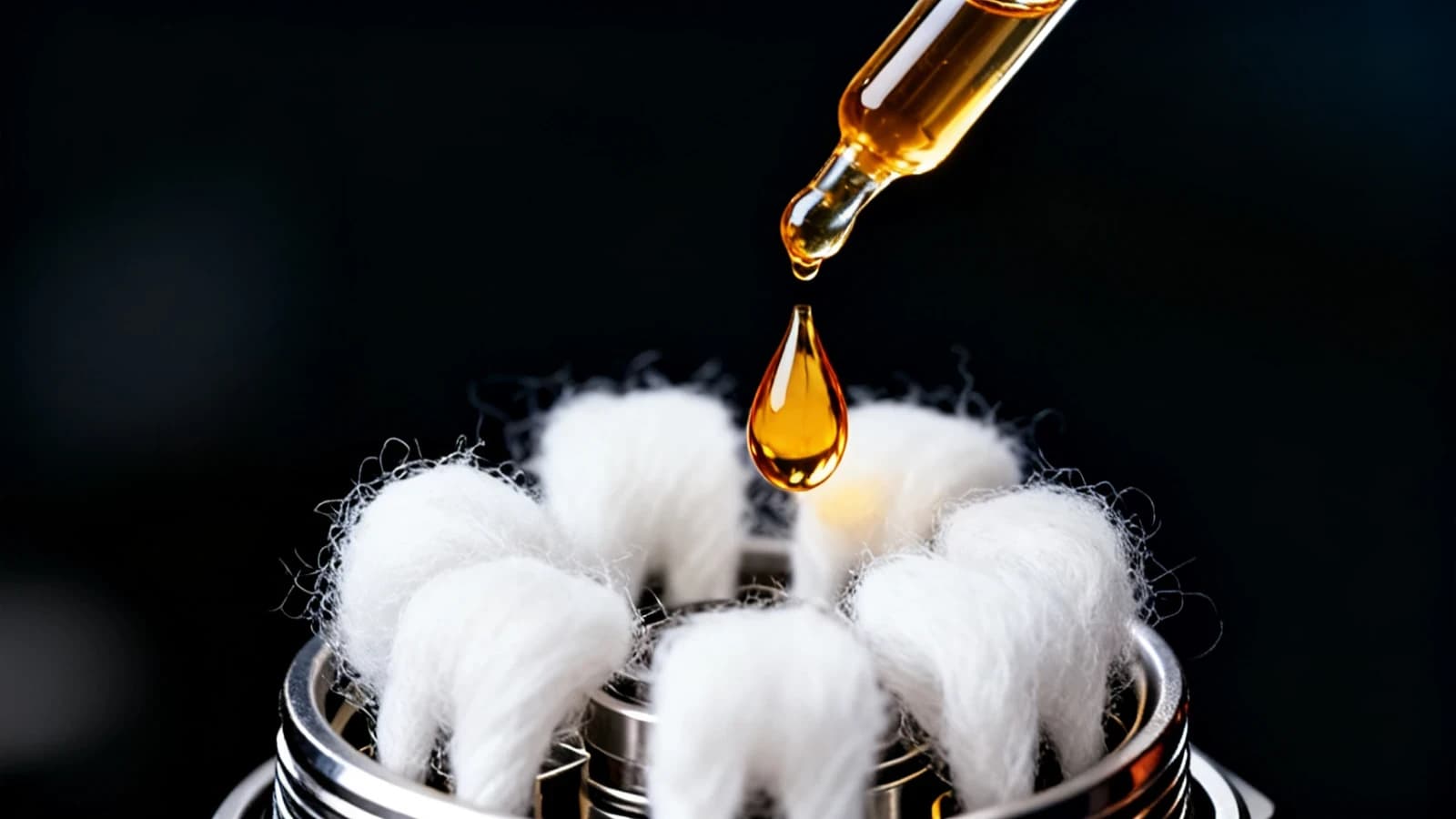 E-Liquid-Tropfen auf neuem Mesh-Coil, Makroaufnahme