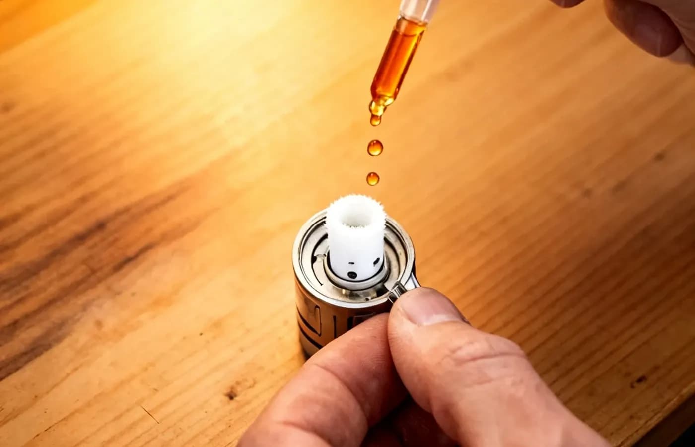 Coil-Wechsel Step 5 — Tank mit neuem Coil über Top-Fill mit amber Liquid befuellen