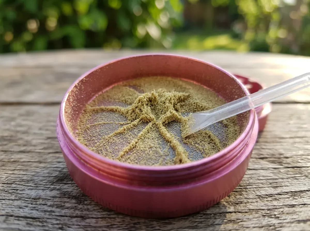 Kief-Sammler eines 4-teiligen Pollinatorgrinders: Nahaufnahme der untersten Kammer mit feinem, goldenem Kief