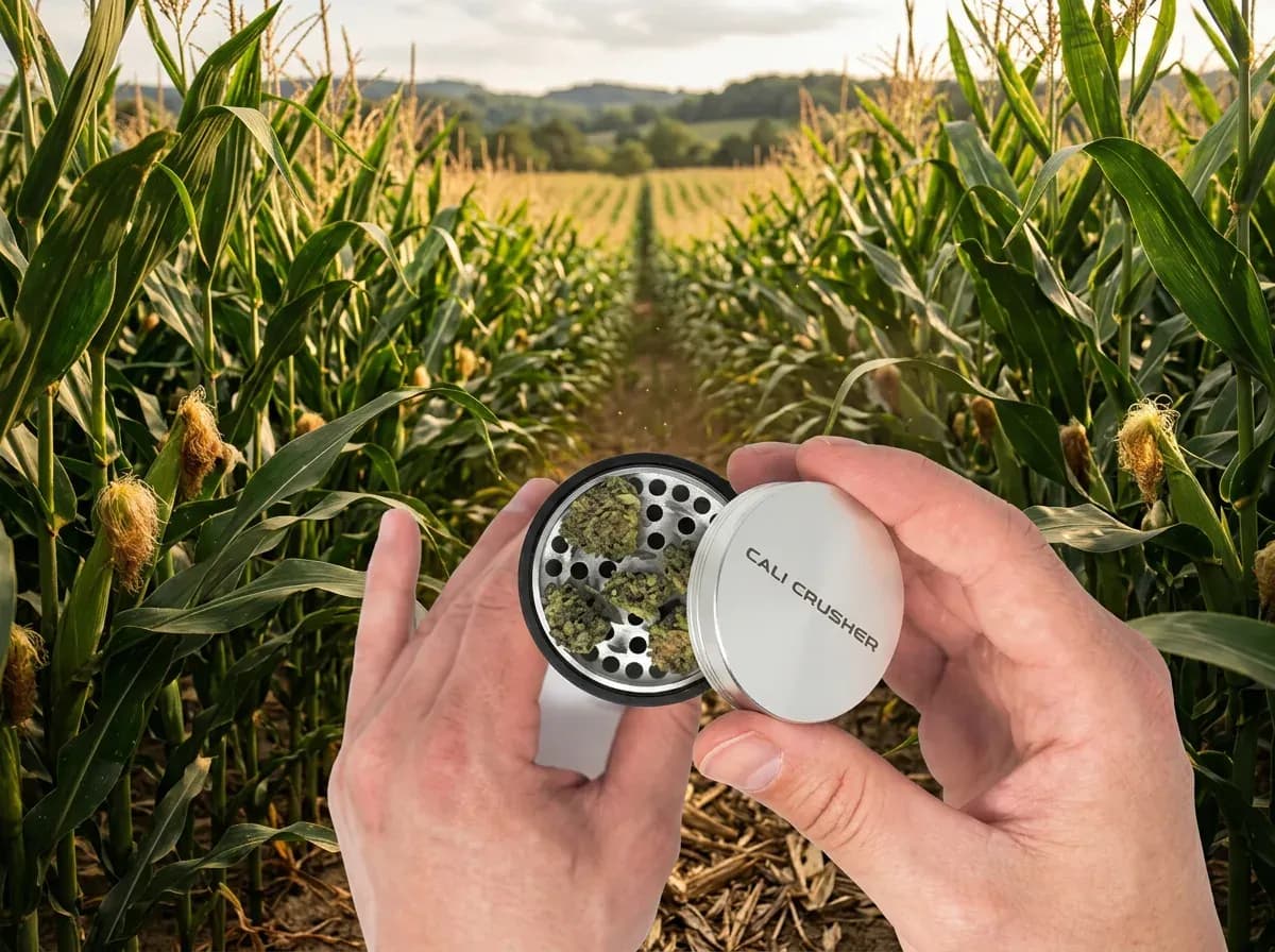 Grinder richtig mahlen: Hände drehen einen 4-teiligen Pollinatorgrinder — optimale Technik mit leichtem Druck