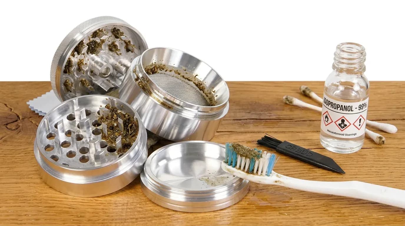 Grinder Reinigung Schritt für Schritt — Tiefkühlen, Ausbürsten und Isopropanol-Reinigung eines 4-teiligen Aluminium-Grinders