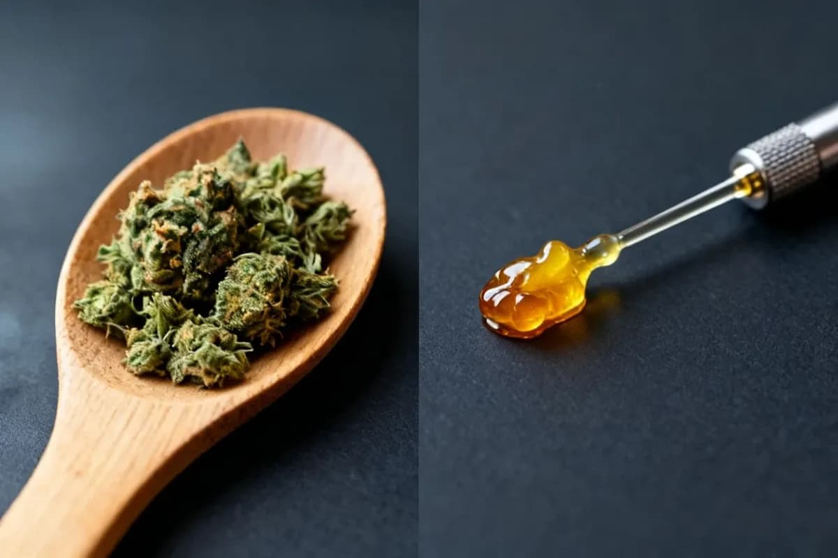 Konzentrate gegenüber Trockenkräutern Vergleich Wax Rosin und Cannabis-Bluete Makro