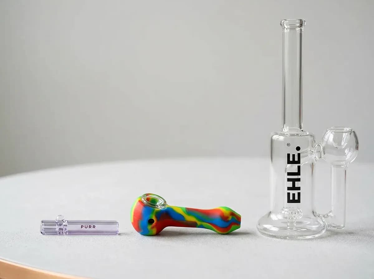 Pfeifen in verschiedenen Größen: One-Hitter, Spoon Pipe und Bubbler im Größenvergleich