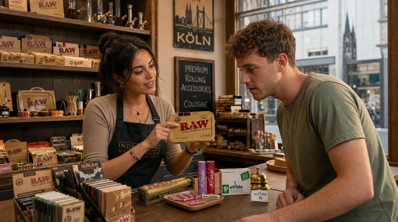 Zubehör-Beratung im InOne Headshop Köln — Mitarbeiter zeigt Kunden Rolling Trays und Drehhilfen