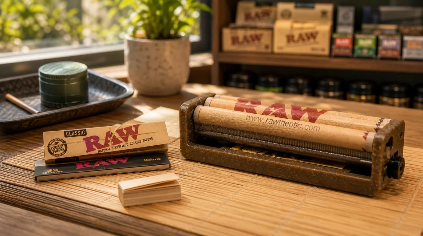 RAW Drehhilfe im Headshop-Umfeld — Rolling Machine mit Papers und Tips auf der Theke