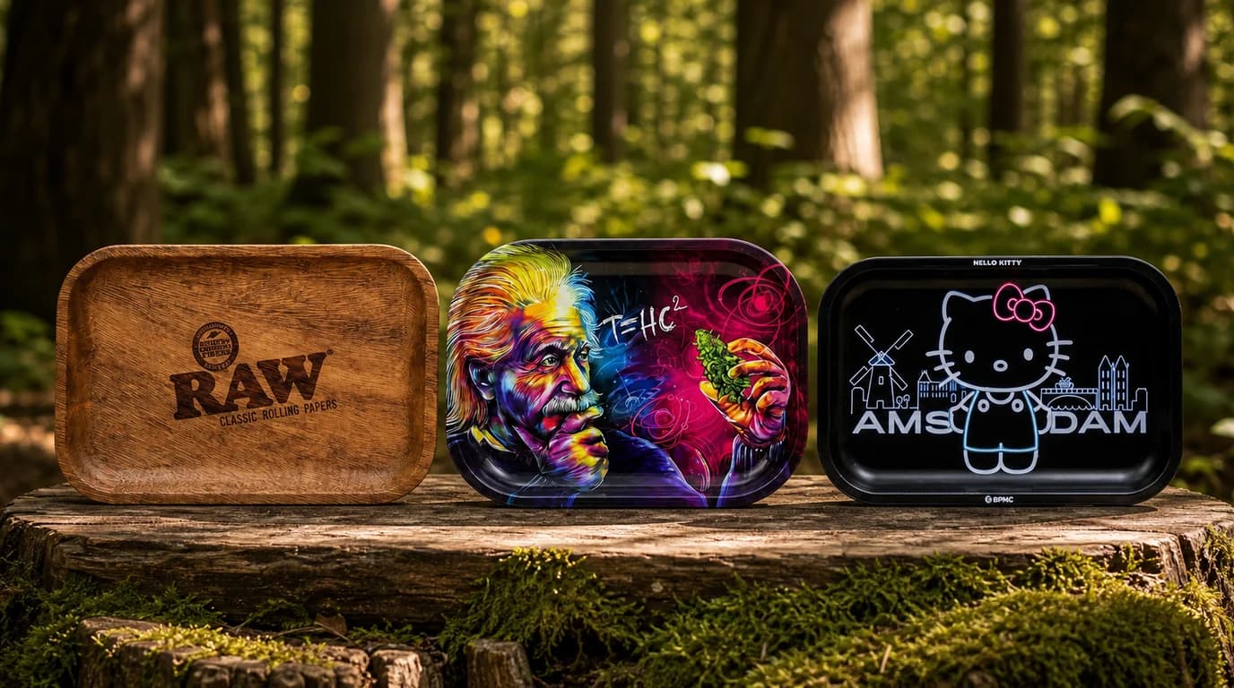 Rolling Trays Auswahl im InOne Headshop Köln — RAW Holz-Tray, G-Rollz Hello Kitty und V Syndicate Einstein nebeneinander